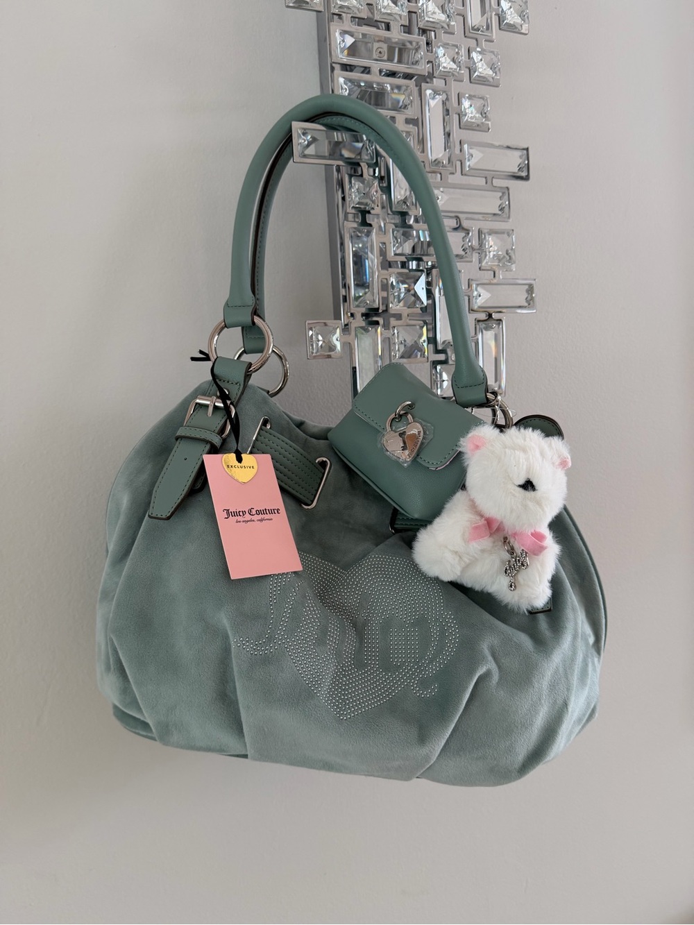 NWT Juicy Couture Queen Couture Sage Velour Rhinestone Tote Bag